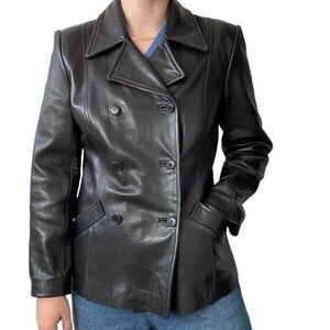 Vintage 1990s Ann Taylor Black Leather Double Breasted Moto Biker Jacket Sz S